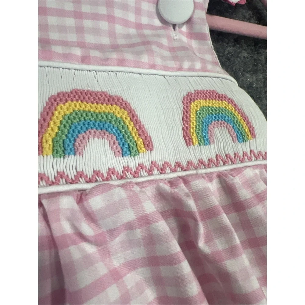 Classic Whimsy Pink Gingham Smocked Rainbow Bubble Romper - Size 6M